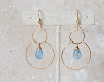 Moss Aquamarine Teardrop Chandelier Earrings | 14k Yellow Gold Filled. Handmade in Charleston SC. Dramatic Statement Earring. Beach Wedding.