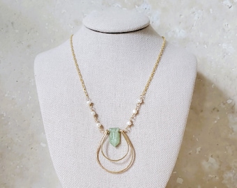 Green Kyanite and Freshwater Pearl Double Horseshoe Necklace | 14k Yellow Gold Filled. Handmade in Charleston SC. Gold Layering Jewelry.