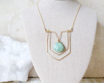 Amazonite Art Deco Lines Necklace | 14k Yellow Gold Filled. Genuine Amazonite Gemstone. Handmade in Charleston. Gold Layering Jewelry.