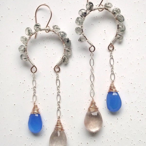14k Rose Gold-filled, Sterling Silver, Blue Chalcedony, Copper Rutilated Quartz, & Green Tourmilated Quartz Horseshoe Earrings