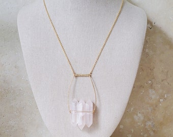 Rose Quartz Gold Bar Long Necklace | 14k Yellow Gold Filled. Handmade in Charleston South Carolina. Layering Jewelry for Women and Men.