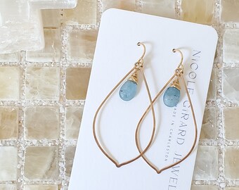 Moss Aquamarine Teardrop Chandlier Earrings | 14k Yellow Gold Filled. Handmade in Charleston SC. Leaf Shaped Earrings. Bridal Jewelry Gift.