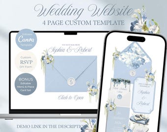 Dusty Blue & Ivory Floral Wedding Website Template with RSVP, Editable Elegant Old Money Canva Digital Invitation