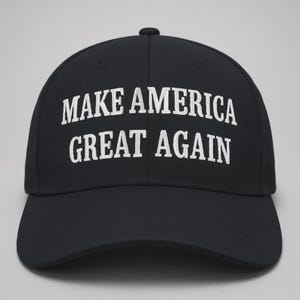 Op de afbeelding: Een zwarte honkbalpet met de in wit geborduurde tekst MAKE AMERICA GREAT AGAIN op de voorpanelen. De pet heeft een gestructureerde kroon, een gebogen klep en een knoopje aan de bovenkant, wat zorgt voor een strak en eenvoudig ontwerp.