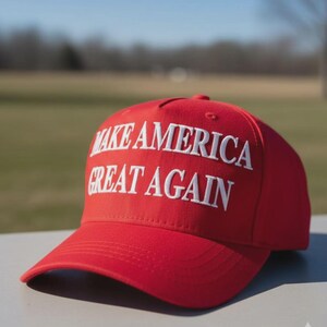 May include: A bright red baseball cap featuring the text MAKE AMERICA GREAT AGAIN embroidered in white capital letters across the front panel. The cap has a structured crown, a curved brim, and visible stitching details along the visor.