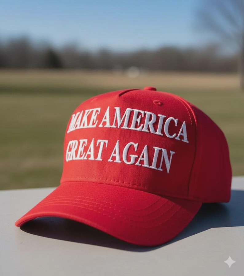 May include: A bright red baseball cap featuring the text MAKE AMERICA GREAT AGAIN embroidered in white capital letters across the front panel. The cap has a structured crown, a curved brim, and visible stitching details along the visor.
