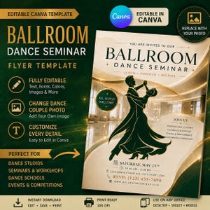Könnte beinhalten: Eine bearbeitbare Canva-Flyervorlage für ein Standardtanz-Seminar mit der Silhouette eines tanzenden Paares in einer gold- und dunkelgrünen Umgebung. Der Text enthält Ballroom Dance Seminar, Learn, Improve, Inspire sowie Veranstaltungsdetails für Samstag, den 25. Mai, mit Platzhaltern für Kontaktinformationen und den Veranstaltungsort.