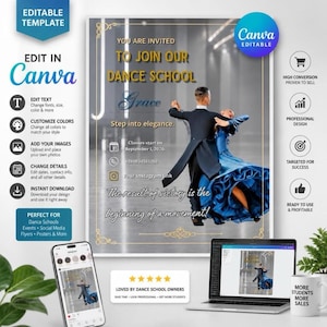 May include: An editable dance school flyer template featuring a ballroom dancing couple in a black tailcoat and blue dress. The text reads: You are invited to join our dance school, Grace, Step into elegance, Classes start on September 1, 2026.