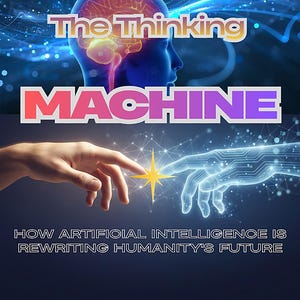 Może przedstawiać: Okładka książki zatytułowana The Thinking Machine: How Artificial Intelligence Is Rewriting Humanity's Future autorstwa Dave'a Richarda. Przedstawia sylwetkę świecącej ludzkiej głowy oraz cyfrową i biologiczną dłoń stykające się przy jasnej gwieździe.