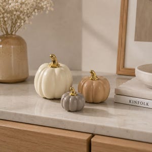 Ceramic Pumpkin Figurines Set | Gold Stem Fall Table Decor Ornament