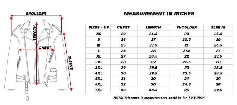 May include: Diagram of a black leather jacket with measurement labels for shoulder, length, chest, and sleeve. A size chart in inches lists chest, length, shoulder, and sleeve measurements for sizes XS to 7XL. The text reads "MEASUREMENT IN INCHES".