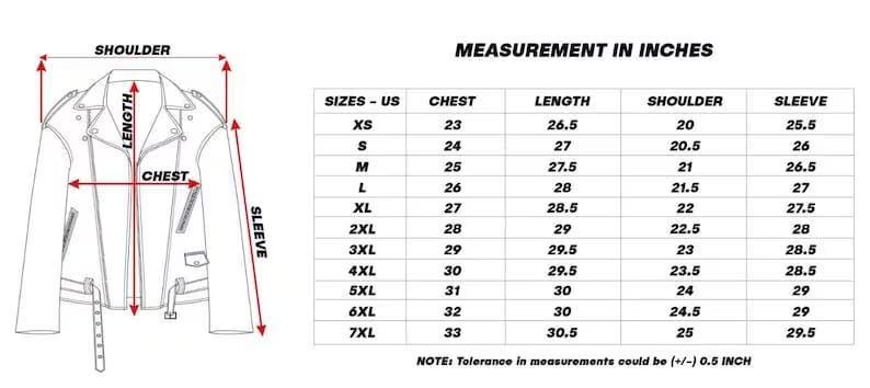 May include: Diagram of a black leather jacket with measurement labels for shoulder, length, chest, and sleeve. A size chart in inches is included, detailing chest, length, shoulder, and sleeve measurements for sizes XS to 7XL. The text "MEASUREMENT IN INCHES" is at the top.