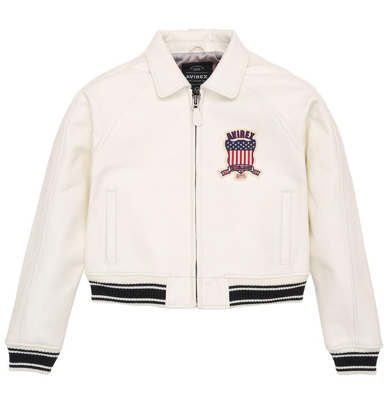 Women's White Avirex Cropped Leather Moto Bomber Jacket