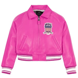 Women's Pink Avirex Cropped Leather Moto Bomber Jacket