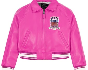 Women's Multi Color Avirex Cropped Leather Moto Bomber Jacket