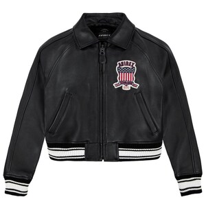 Women's Black Avirex Cropped Leather Moto Bomber Jacket