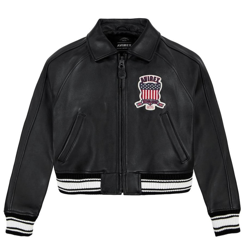 Women's Black Avirex Cropped Leather Moto Bomber Jacket