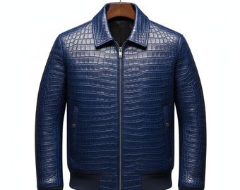 Chaqueta de motociclista de cuero genuino azul con relieve de cocodrilo para hombre – Estilo motociclista de lujo