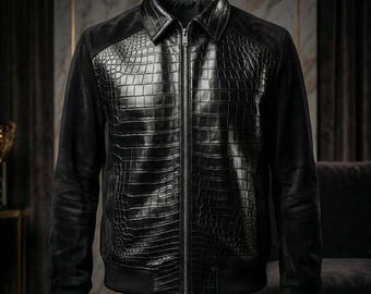 Men's Crocodile Embossed Suede Bomber Jacket | Genuine Leather, Custom Fit
