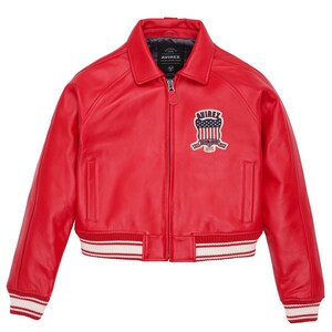 Women's Red Avirex Cropped Leather Moto Bomber Jacket