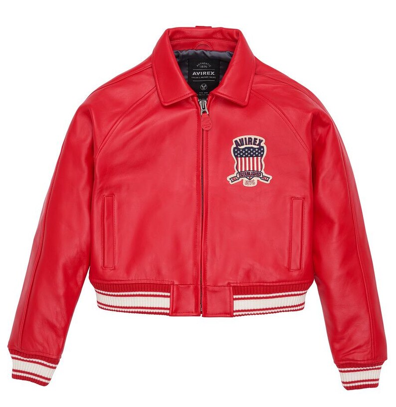 Women's Red Avirex Cropped Leather Moto Bomber Jacket
