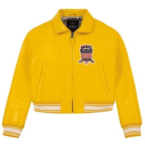 Women's Yellow Avirex Cropped Leather Moto Bomber Jacket