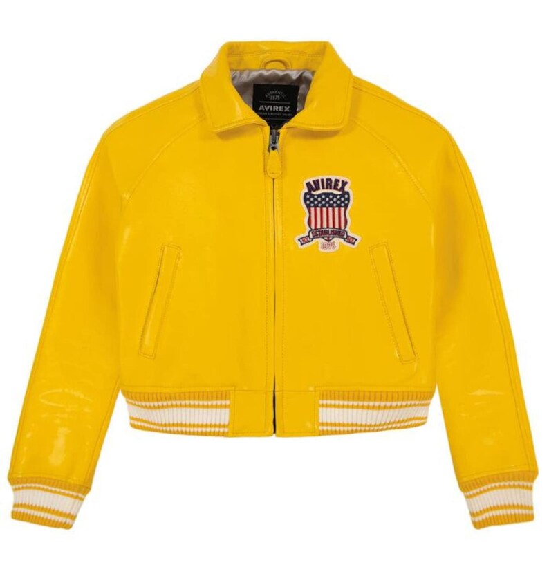 Women's Yellow Avirex Cropped Leather Moto Bomber Jacket