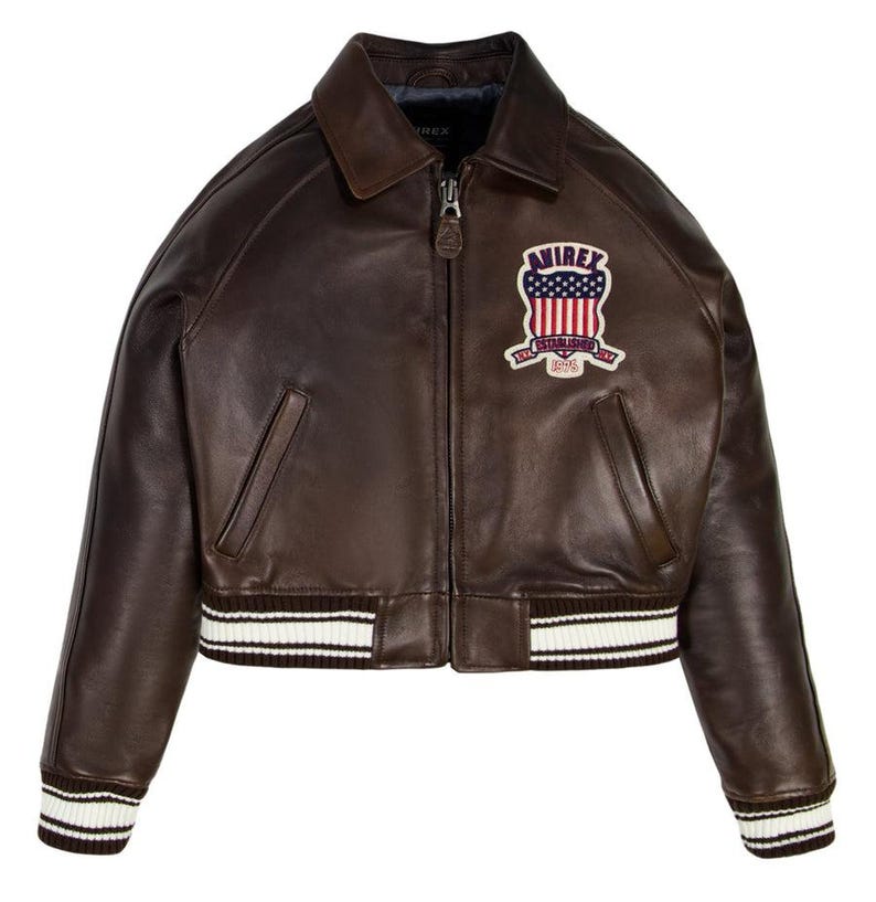 Women's Brown Avirex Cropped Leather Moto Bomber Jacket