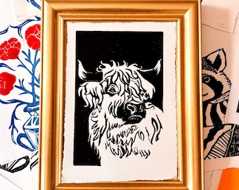 Highland Cow Original Linocut Print | Black/red ink