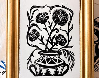 Flowers in Vase Linocut Print | Black ink