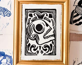 Calavera Skull Linocut Print