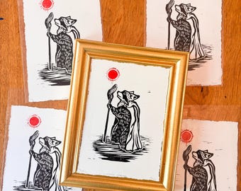 Racoon Wizard Linocut Print | Cottagecore artwork