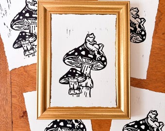 Frog and Mushroom Linocut Print | Woodland Animal Wall Art