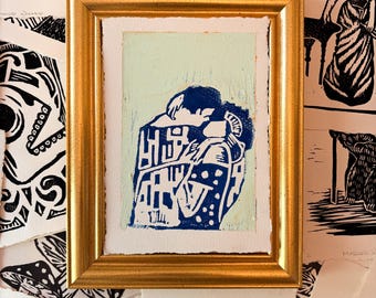 Bésame Original Linocut Print | Oil Pastels Mint
