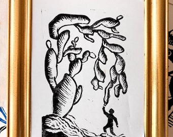 Cactus and man Linocut Print | Black ink