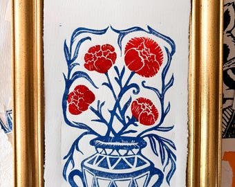Flowers in Vase Linocut Print | Color ink