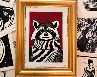 Racoon in Scarf Original Linocut Print | Oil Pastels