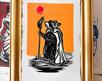 Racoon Wizard Original Linocut Print | Oil Pastels