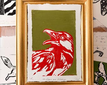 Raven Wall Art | Hand-Carved Linocut Original with Oil Pastel | Gothic Nature Decor