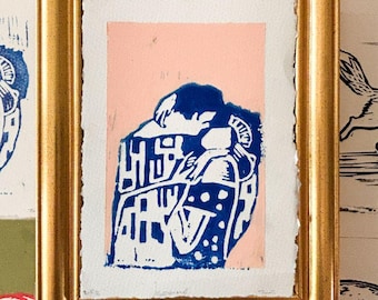 Bésame Original Linocut Print | Oil Pastels