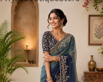 Designer Chiffon Silk Saree, Sequins Zari Embroidery, Cutwork Border, Party Wear Indian Saree