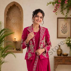 Puede incluir: Un sari magenta y una chaqueta a juego con intrincados bordados. La chaqueta presenta un cuello con solapas y adornos detallados. El sari tiene un borde decorativo. El atuendo lo lleva una persona en una habitación bien iluminada.