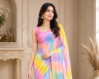 Digital Printed Chiffon Saree for Women, Colorful Indian Saree with Unstitched Blouse