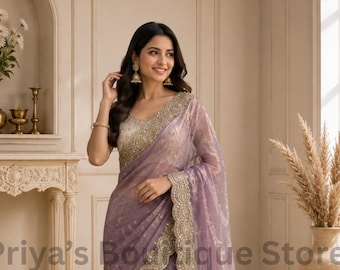 Soft Space Silk Satin Saree, Heavy Embroidery, Sequins, Zari Work, Scallop Border, Party Wear.