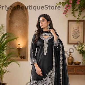 Conjunto de traje palazzo para mujer con bordado de lentejuelas, crepé francés, dupatta de organza, ropa festiva.