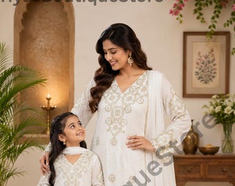Ensemble mère-fille assorti Georgette Kurta Palazzo Dupatta, vêtements ethniques à broderies