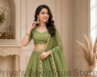 Chinon Lehenga Choli Set, met paillettenborduursel, ongestikte blouse en geborduurde dupatta, feestelijke outfit