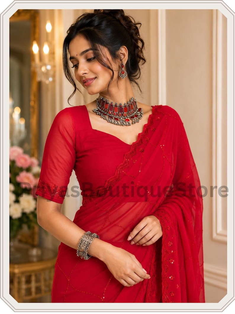 May include: A vibrant red saree featuring a sheer fabric with delicate tonal embroidery and sequin accents. The ensemble includes a matching red blouse with short sleeves, a statement silver-toned choker necklace with red inlays, and a wide silver cuff.