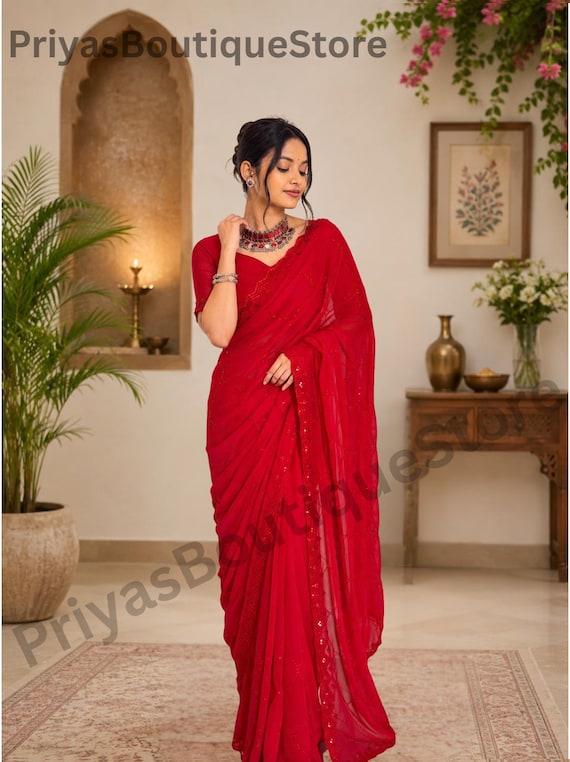 Designer Faux Georgette Saree, Bead Sequin Embellished, Cutwork Border, Unstitched Blouse Fabric