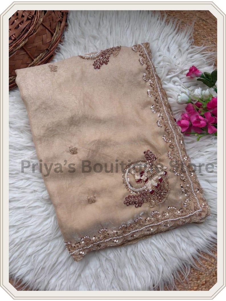 Pure Satin Silk Saree, Rose Gold Embroidery, Cutwork Border, Wedding ...